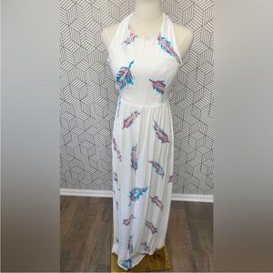 White Halter Maxi Dress with Blue & Pink Feather Print